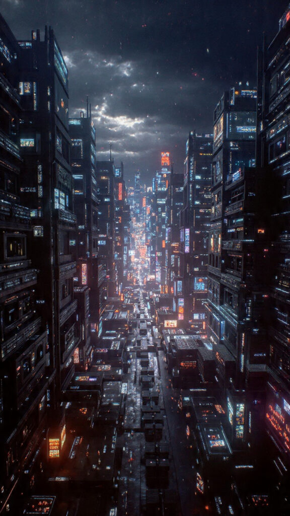 مدينة سيبرانية ضخمة ومترامية الأطراف في الليل