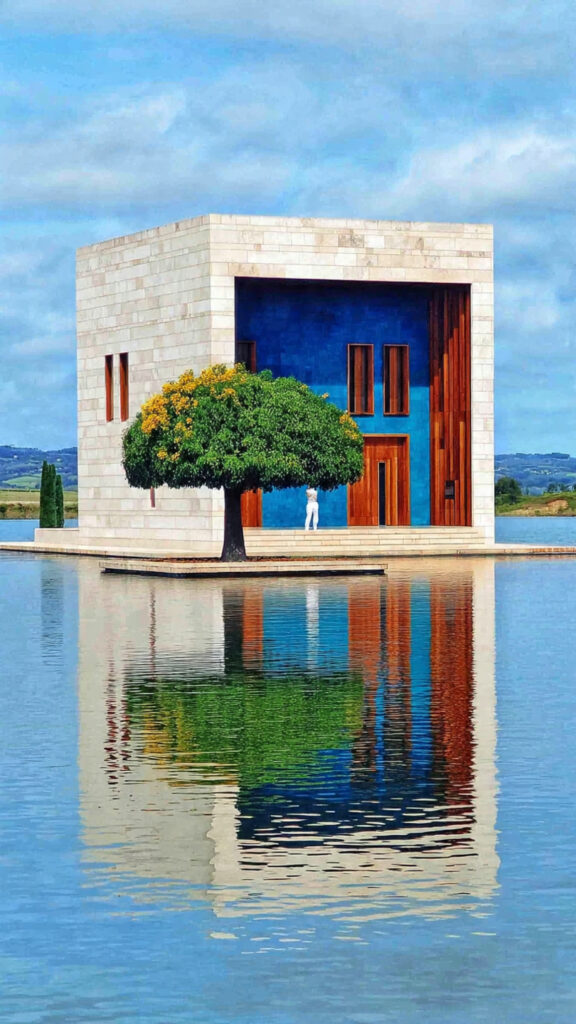 معبد "زن" بسيط يطفو على بحيرة هادئة تمامًا