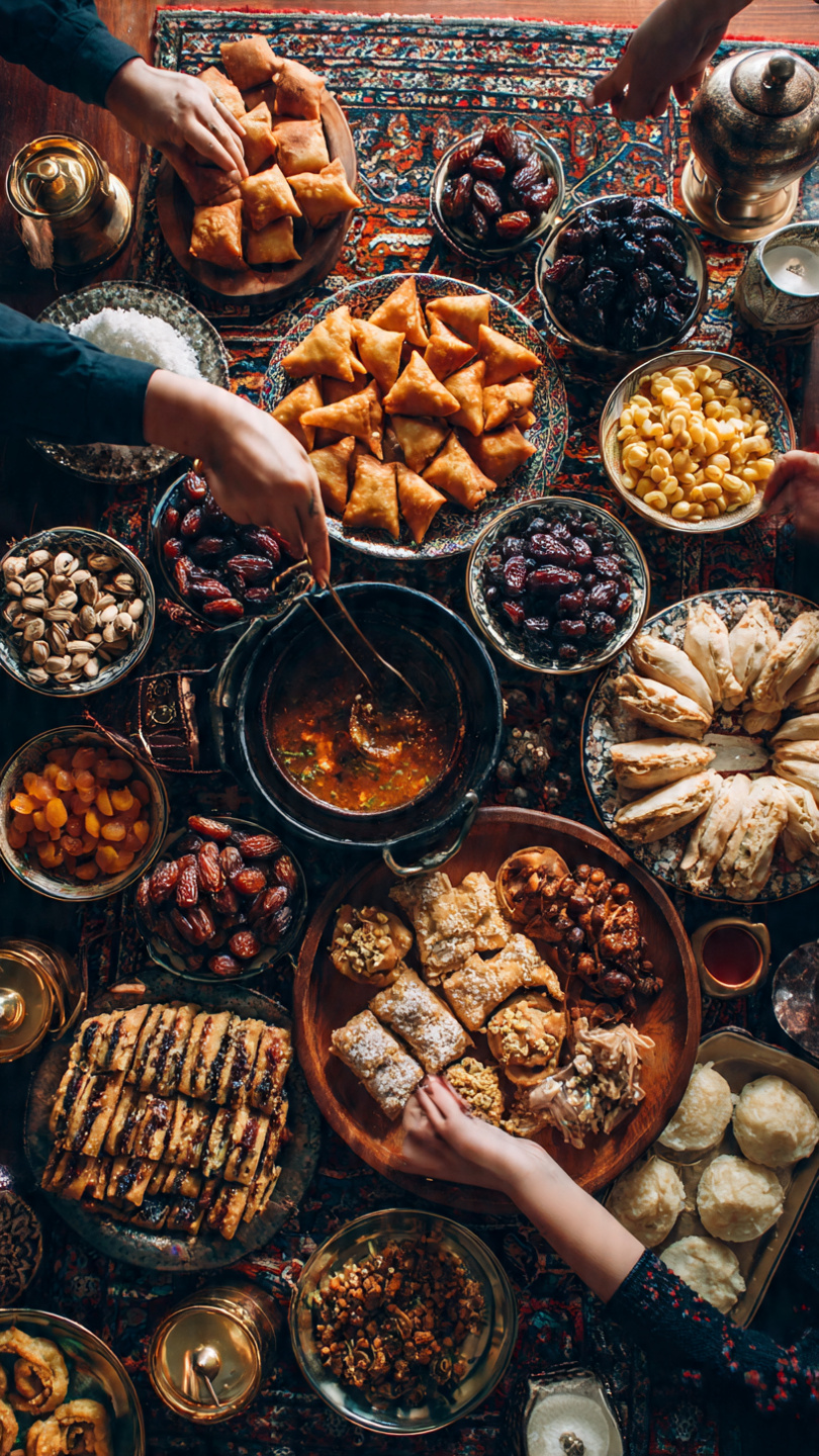 منظر علوي لمائدة إفطار رمضانية احتفالية، مليئة بالأطباق التقليدية