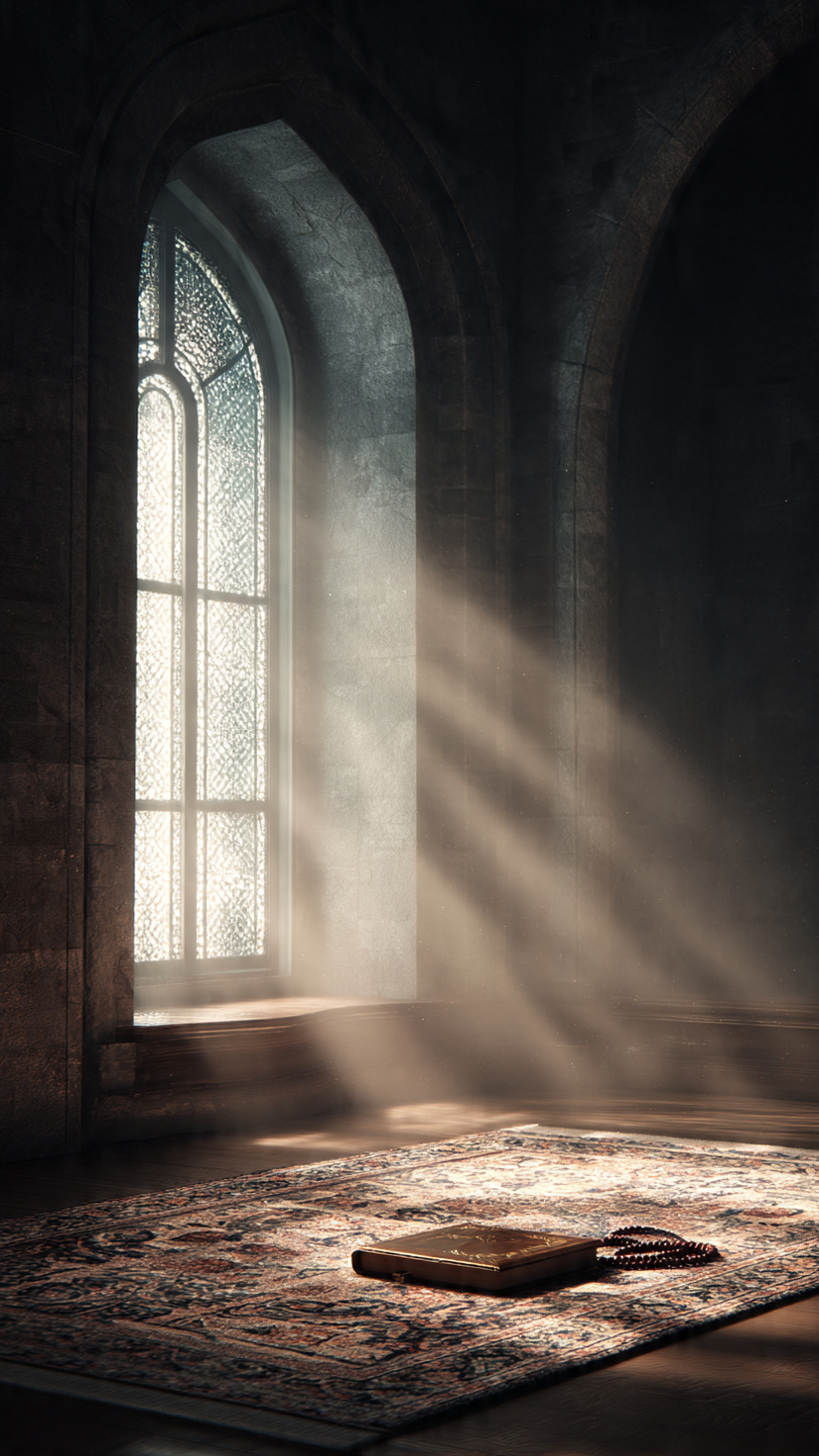 مشهد هادئ داخل مسجد، وأشعة الشمس تتدفق عبر نافذة مقوسة كبيرة