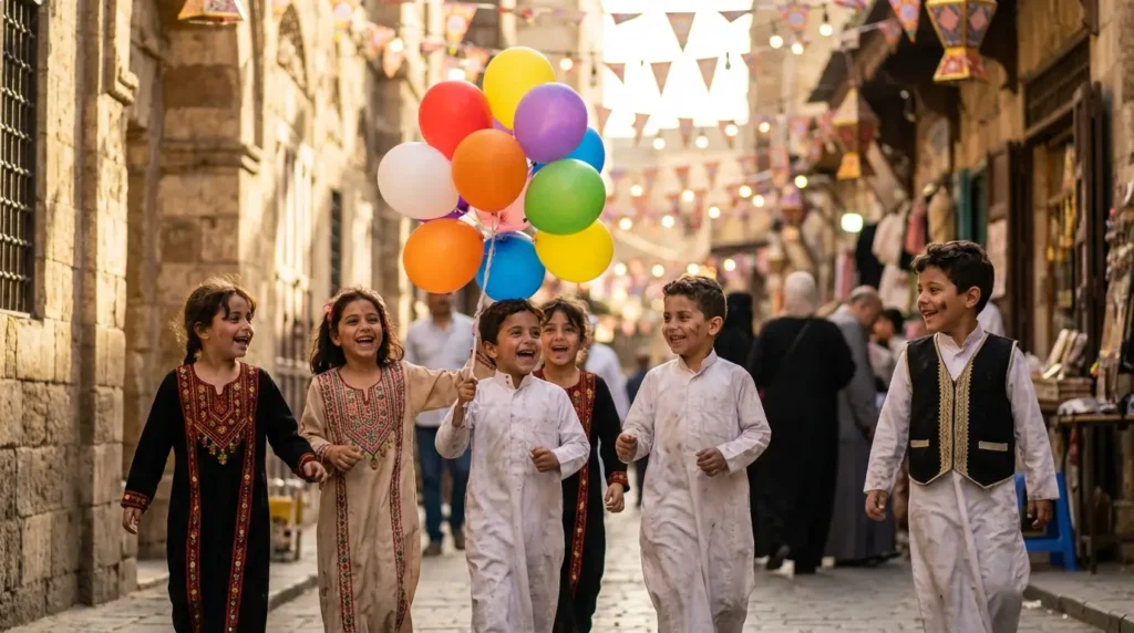 برومت تصميم تهنئة عيد الفطر (أطفال العيد بأسلوب واقعي)