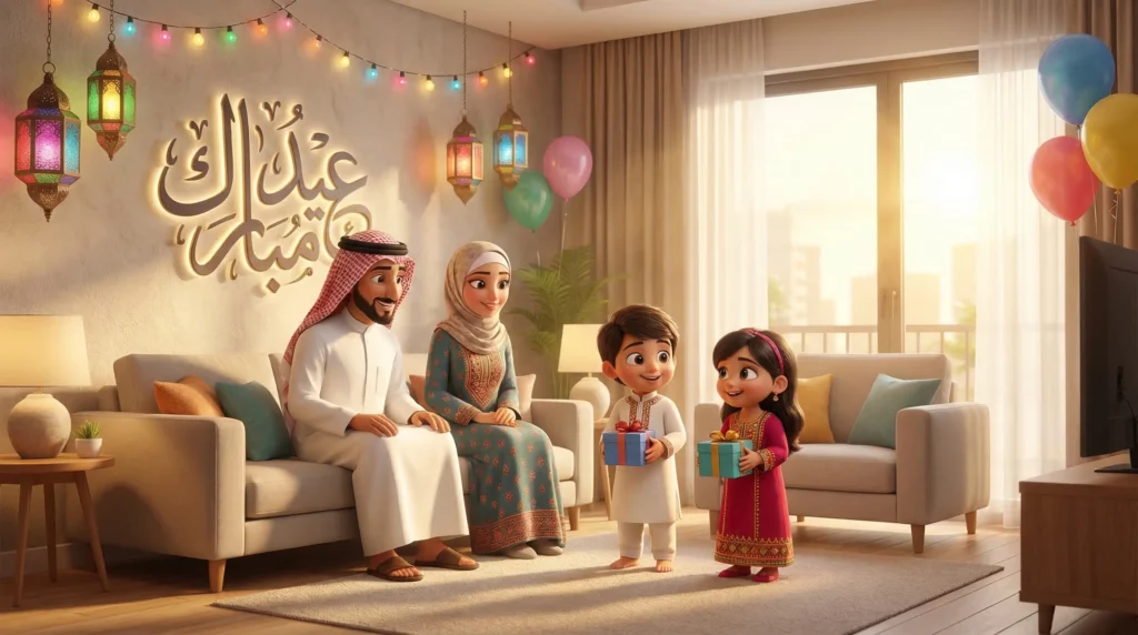 برومت تصميم تهنئة عيد الفطر (العائلة السعيدة بأسلوب بيكسار)